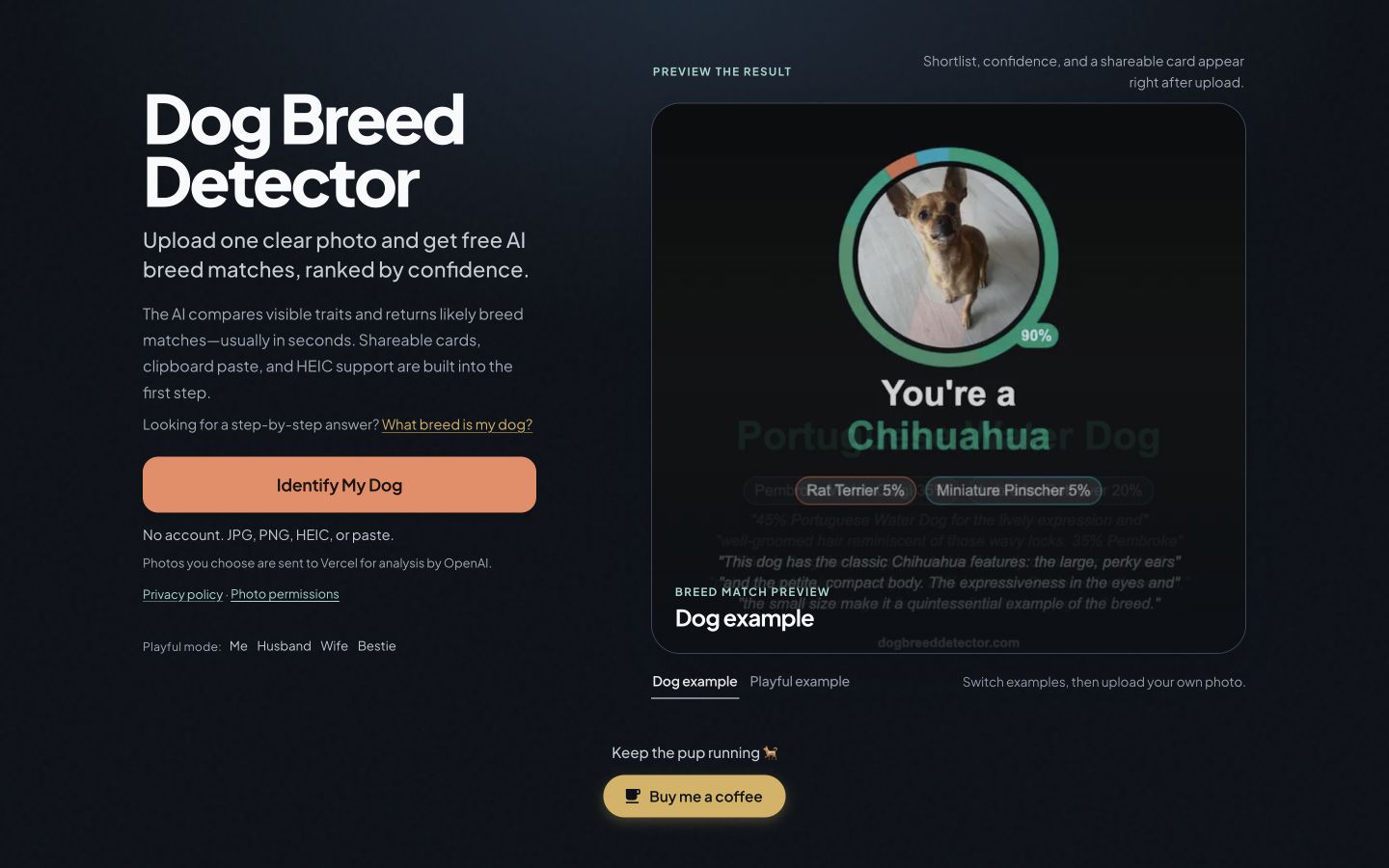 The live Dog Breed Detector interface showing photo upload and a sample ranked breed result.