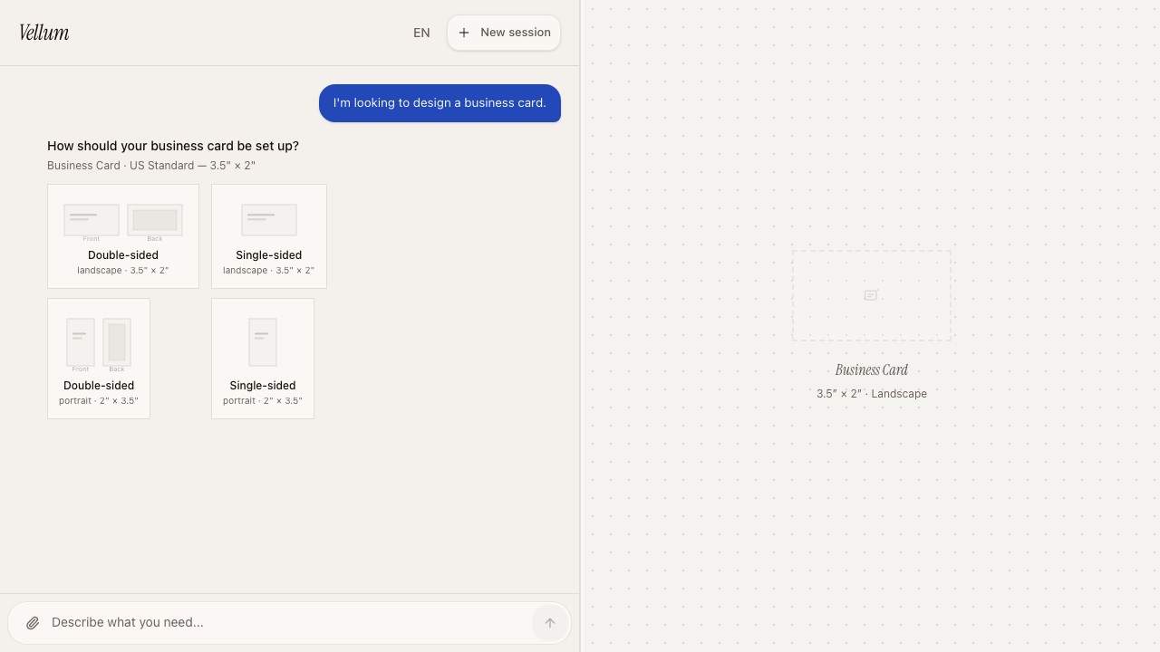 Vellum portfolio preview showing conversational business-card setup alongside the design workspace.